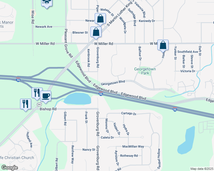 map of restaurants, bars, coffee shops, grocery stores, and more near 2121 Georgetown Boulevard in Lansing