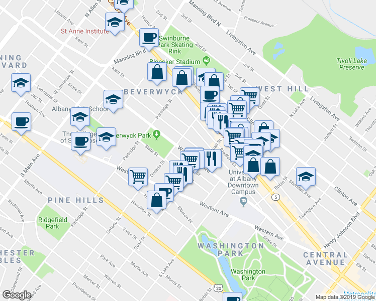 map of restaurants, bars, coffee shops, grocery stores, and more near 545 Washington Avenue in Albany