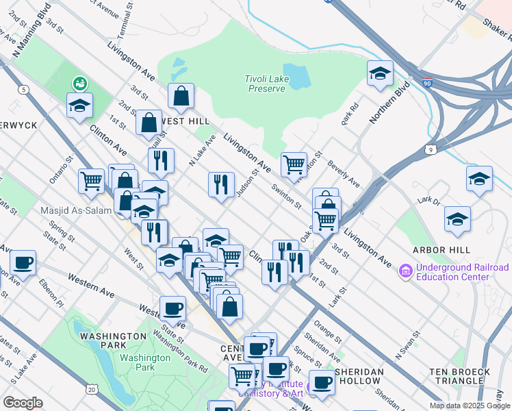 map of restaurants, bars, coffee shops, grocery stores, and more near 305 2nd Street in Albany