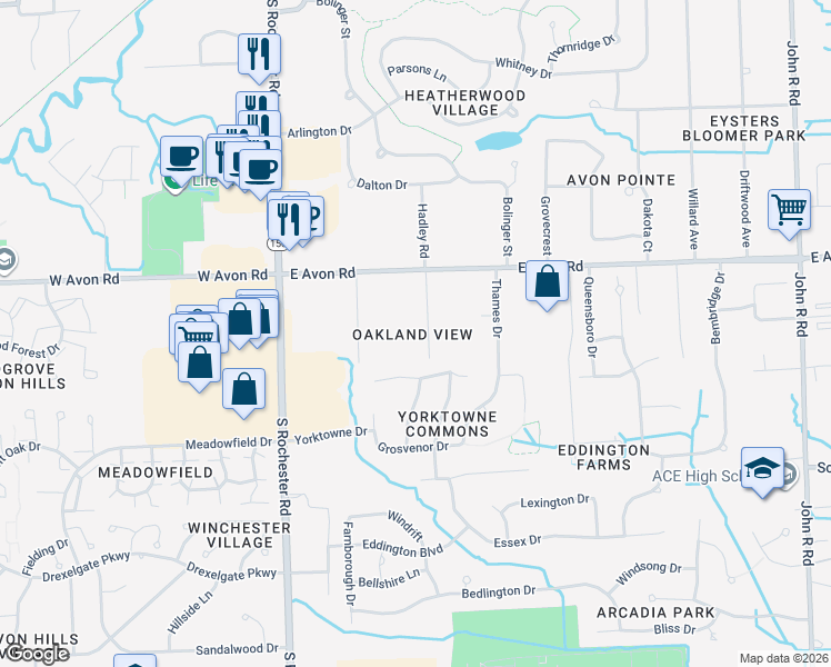 map of restaurants, bars, coffee shops, grocery stores, and more near 1110 Princeton Avenue in Rochester Hills