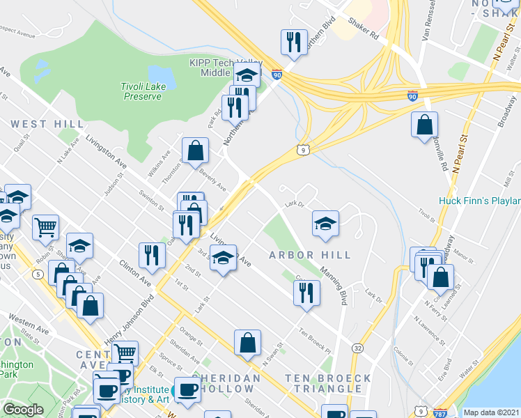map of restaurants, bars, coffee shops, grocery stores, and more near 7 Lark Street in Albany