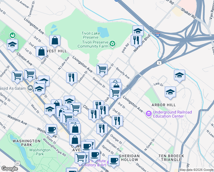 map of restaurants, bars, coffee shops, grocery stores, and more near 28 Swinton Street in Albany