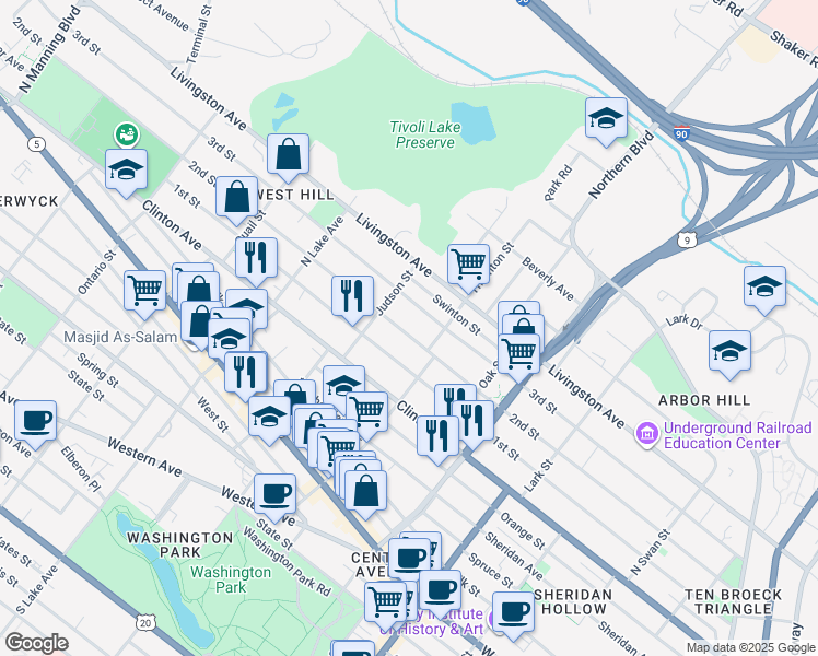 map of restaurants, bars, coffee shops, grocery stores, and more near 305 2nd Street in Albany