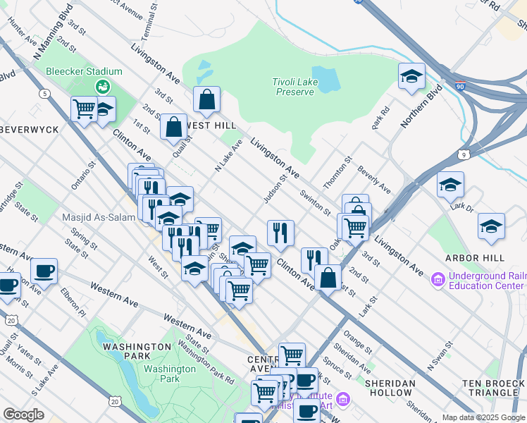 map of restaurants, bars, coffee shops, grocery stores, and more near 19 Judson Street in Albany