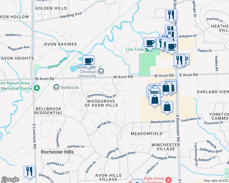 map of restaurants, bars, coffee shops, grocery stores, and more near 949 Sherwood Forest Drive in Rochester Hills