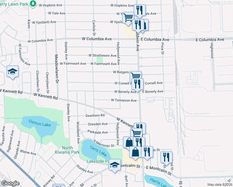map of restaurants, bars, coffee shops, grocery stores, and more near 103 West Beverly Avenue in Pontiac