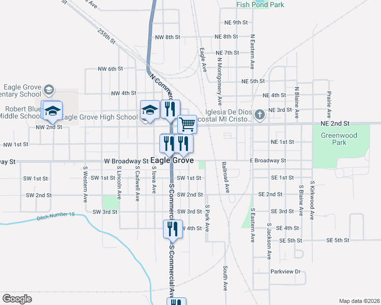 map of restaurants, bars, coffee shops, grocery stores, and more near 100-198 N Lucas Ave in Eagle Grove