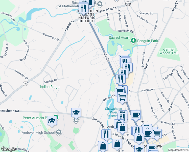 map of restaurants, bars, coffee shops, grocery stores, and more near 36 Smithshire Estates in Andover