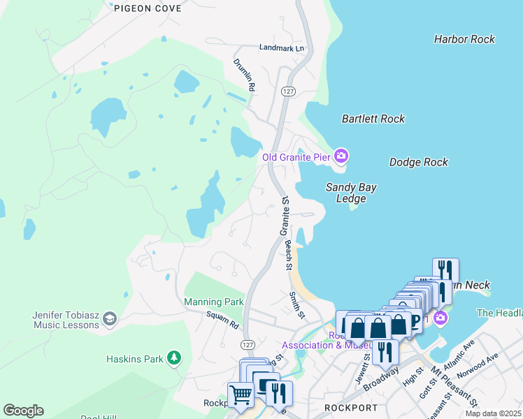 map of restaurants, bars, coffee shops, grocery stores, and more near 2 Prides Lane in Rockport