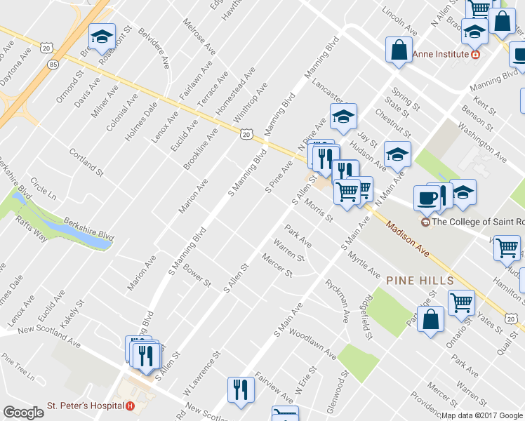 map of restaurants, bars, coffee shops, grocery stores, and more near 73 South Pine Avenue in Albany