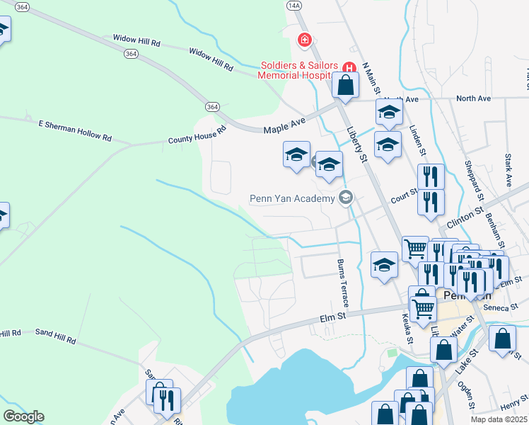 map of restaurants, bars, coffee shops, grocery stores, and more near 131 Highland Drive in Penn Yan
