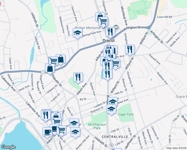map of restaurants, bars, coffee shops, grocery stores, and more near 345 Aiken Avenue in Lowell
