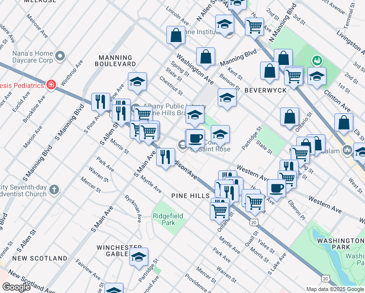 map of restaurants, bars, coffee shops, grocery stores, and more near 442 Western Avenue in Albany