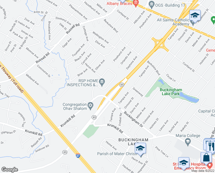 map of restaurants, bars, coffee shops, grocery stores, and more near 69 Aspen Circle in Albany