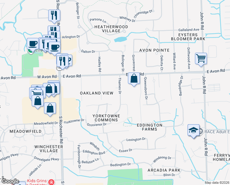 map of restaurants, bars, coffee shops, grocery stores, and more near 1110 Thames Drive in Rochester Hills