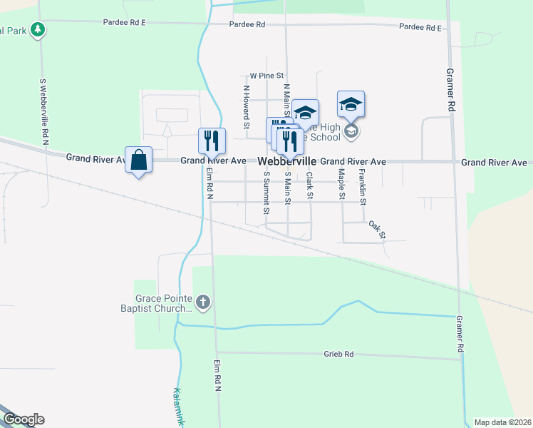 map of restaurants, bars, coffee shops, grocery stores, and more near 319 South Summit Street in Webberville