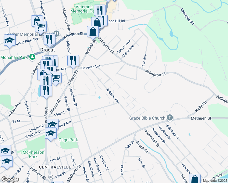 map of restaurants, bars, coffee shops, grocery stores, and more near 63 Rockwell Street in Dracut