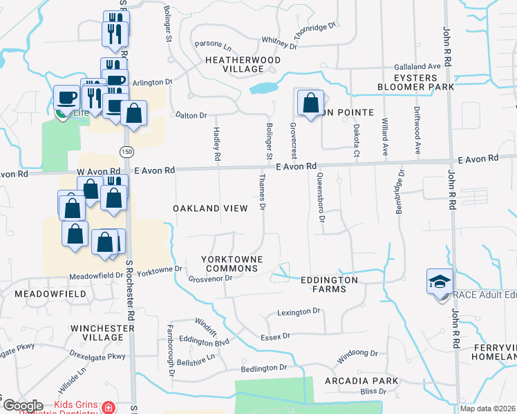 map of restaurants, bars, coffee shops, grocery stores, and more near 1110 Thames Drive in Rochester Hills