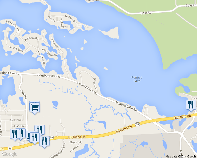 map of restaurants, bars, coffee shops, grocery stores, and more near 8790 Arlington Street in White Lake Township