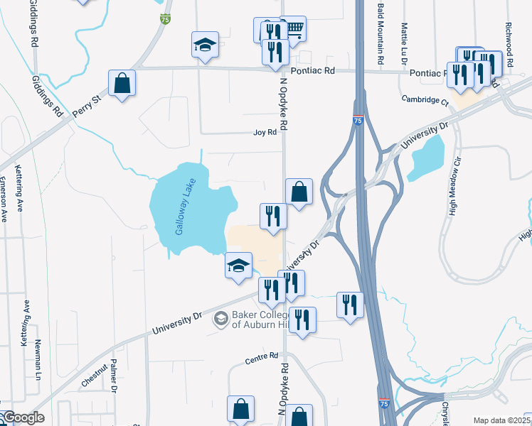 map of restaurants, bars, coffee shops, grocery stores, and more near 1545 North Opdyke Road in Auburn Hills