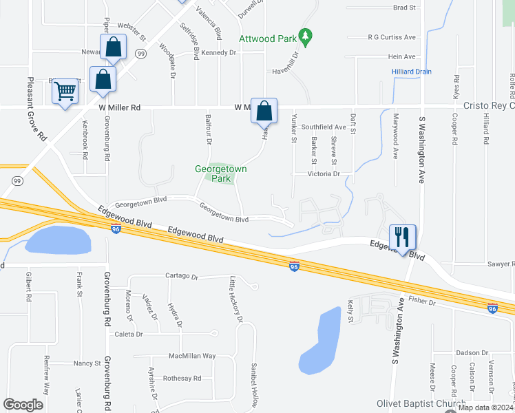 map of restaurants, bars, coffee shops, grocery stores, and more near 1512 Georgetown Boulevard in Lansing