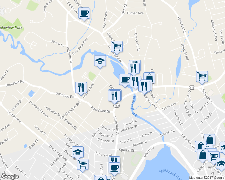 map of restaurants, bars, coffee shops, grocery stores, and more near 38 School Street in Dracut