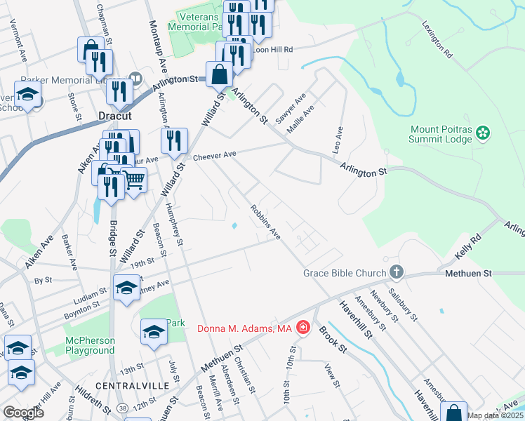 map of restaurants, bars, coffee shops, grocery stores, and more near 650 Robbins Avenue in Dracut