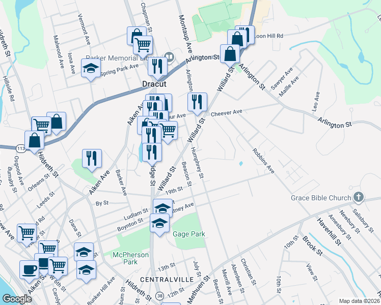 map of restaurants, bars, coffee shops, grocery stores, and more near in Lowell