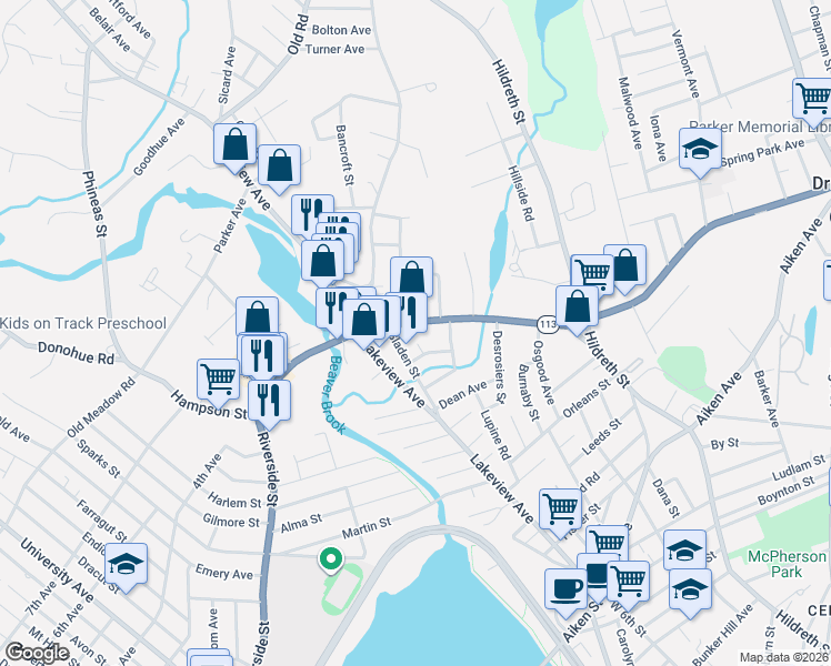 map of restaurants, bars, coffee shops, grocery stores, and more near 24 Newton Avenue in Dracut