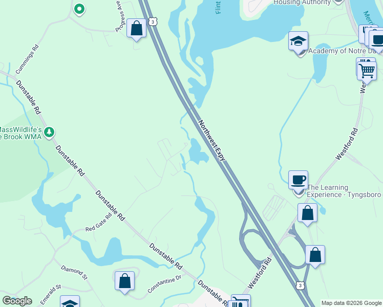 map of restaurants, bars, coffee shops, grocery stores, and more near 18 Cannongate Road in Tyngsborough