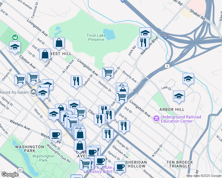 map of restaurants, bars, coffee shops, grocery stores, and more near 28 Swinton Street in Albany