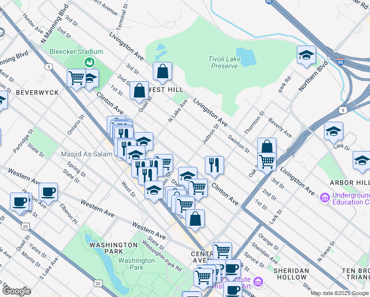 map of restaurants, bars, coffee shops, grocery stores, and more near 505 Clinton Avenue in Albany
