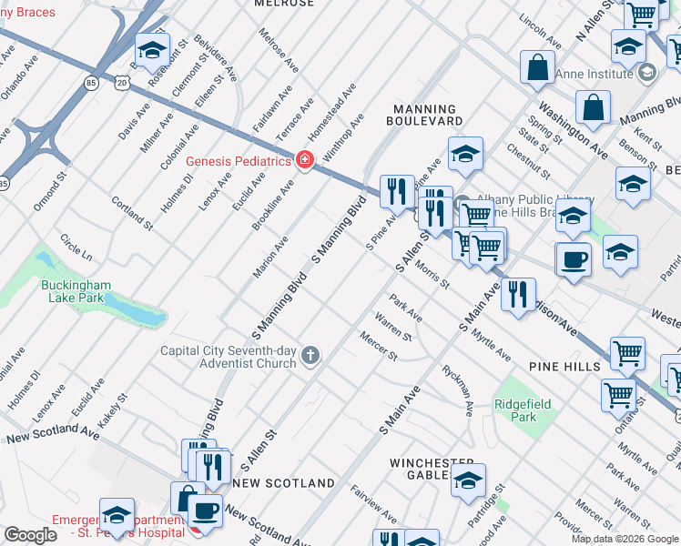 map of restaurants, bars, coffee shops, grocery stores, and more near 94 South Pine Avenue in Albany
