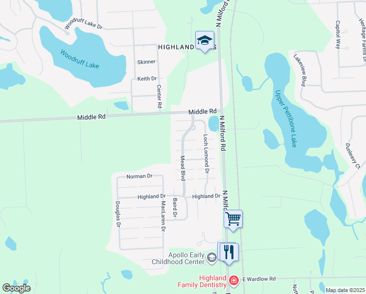 map of restaurants, bars, coffee shops, grocery stores, and more near 2738 Murray Court East in Highland Charter Township