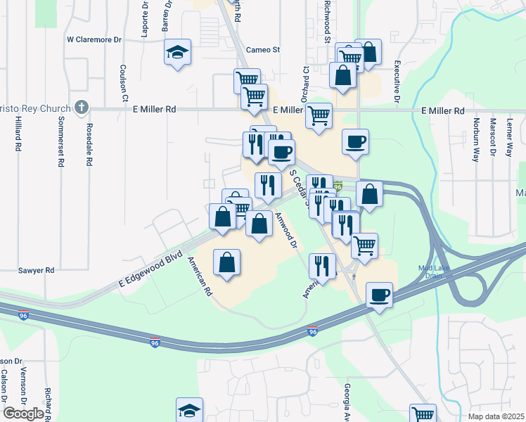 map of restaurants, bars, coffee shops, grocery stores, and more near 524 East Edgewood Boulevard in Lansing