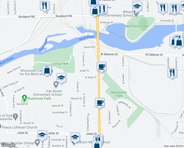 map of restaurants, bars, coffee shops, grocery stores, and more near in Janesville