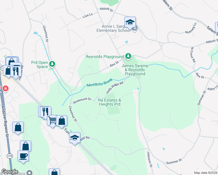 map of restaurants, bars, coffee shops, grocery stores, and more near 85 Holly Ridge Road in North Andover
