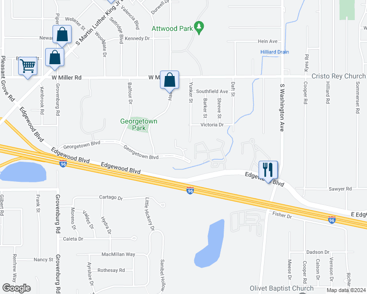 map of restaurants, bars, coffee shops, grocery stores, and more near 1420 Georgetown Boulevard in Lansing