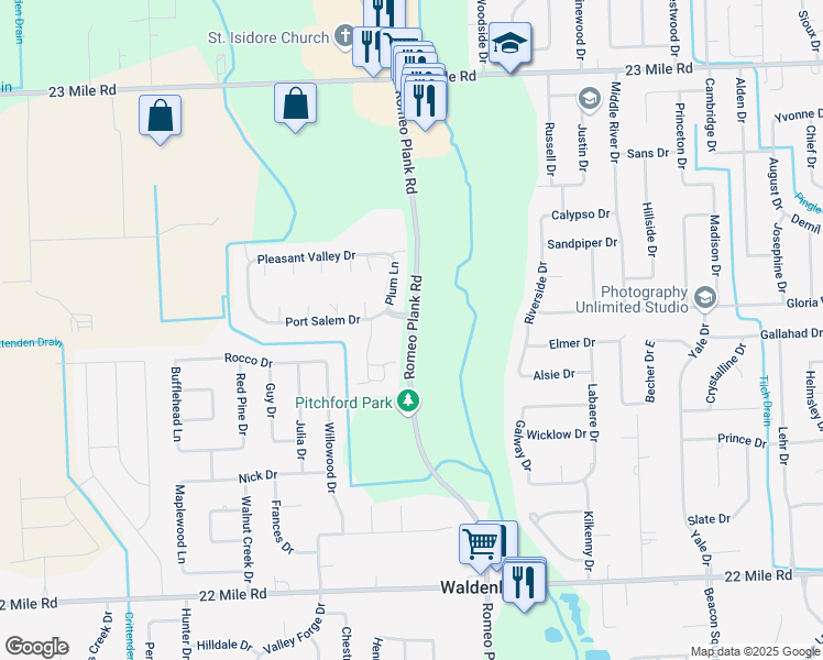 map of restaurants, bars, coffee shops, grocery stores, and more near 50051 Romeo Plank Road in Macomb