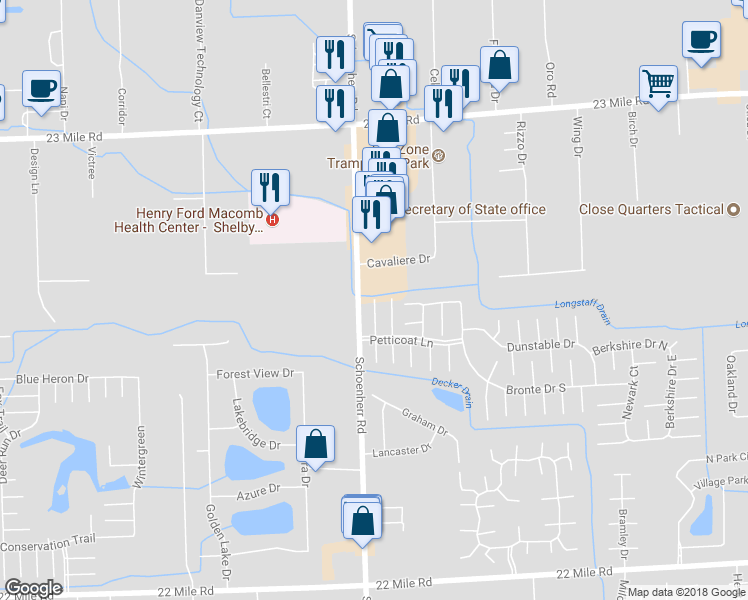 map of restaurants, bars, coffee shops, grocery stores, and more near 50299 Wedgewood Court North in Shelby charter Township