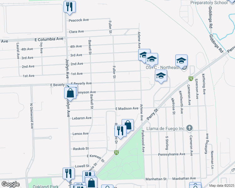 map of restaurants, bars, coffee shops, grocery stores, and more near 714 East Tennyson Avenue in Pontiac