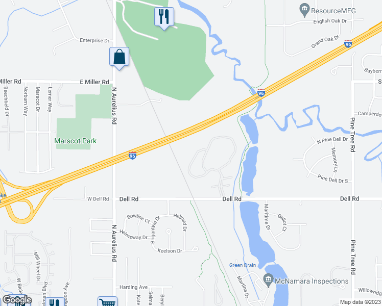 map of restaurants, bars, coffee shops, grocery stores, and more near 4352 Dell Road in Lansing