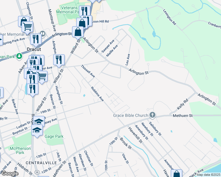 map of restaurants, bars, coffee shops, grocery stores, and more near 120 Thissell Avenue in Dracut