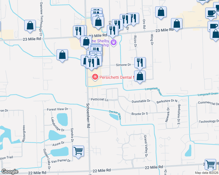 map of restaurants, bars, coffee shops, grocery stores, and more near 50175 Bronte Drive South in Macomb County