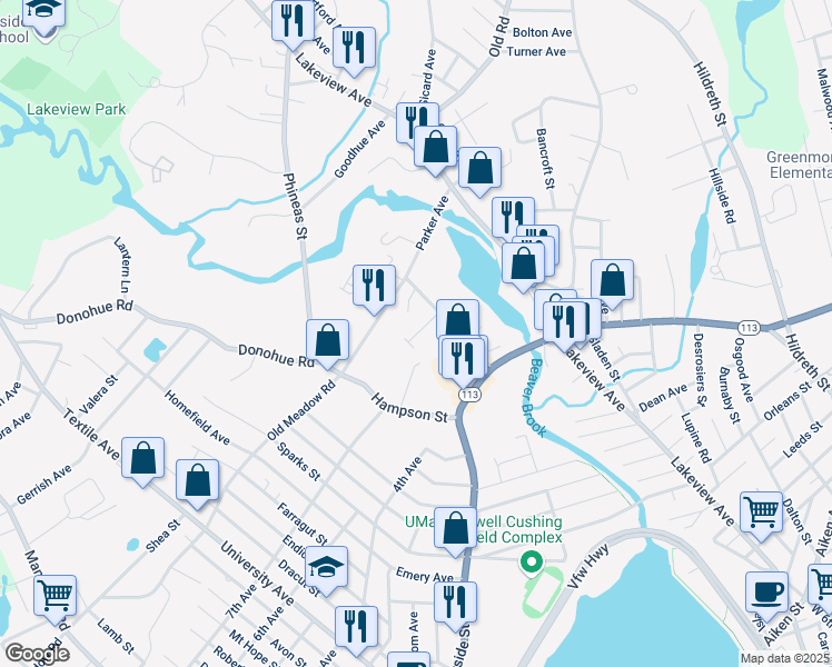 map of restaurants, bars, coffee shops, grocery stores, and more near 60 School Street in Dracut