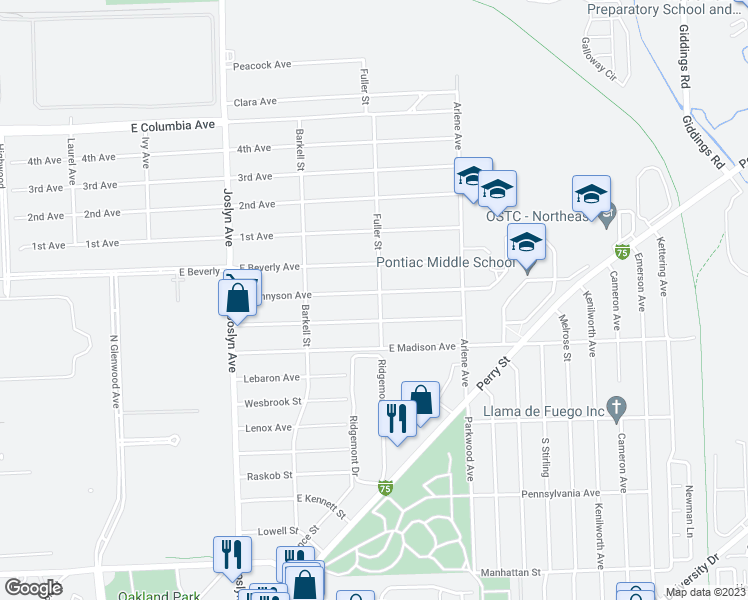map of restaurants, bars, coffee shops, grocery stores, and more near 967 Fuller Street in Pontiac