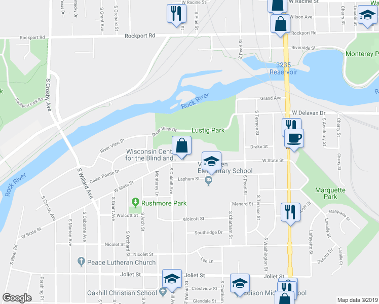 map of restaurants, bars, coffee shops, grocery stores, and more near 1700 West State Street in Janesville