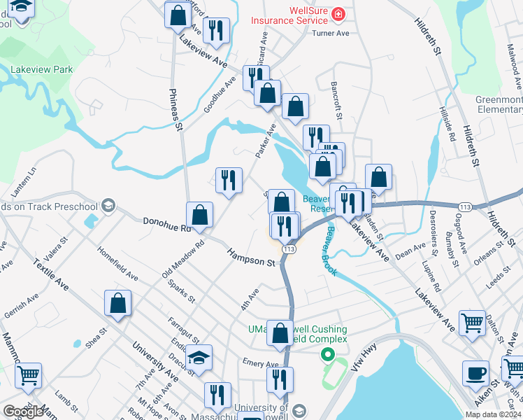 map of restaurants, bars, coffee shops, grocery stores, and more near 38 School Street in Dracut
