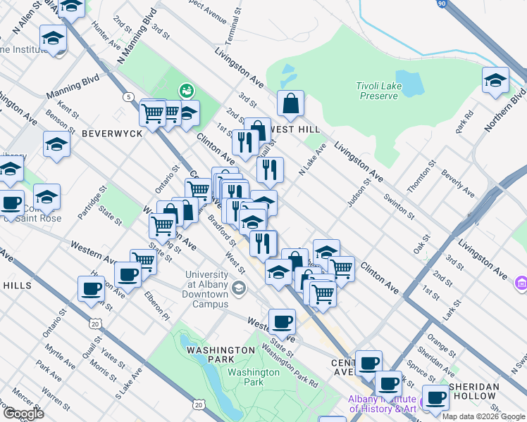 map of restaurants, bars, coffee shops, grocery stores, and more near 117 North Lake Avenue in Albany
