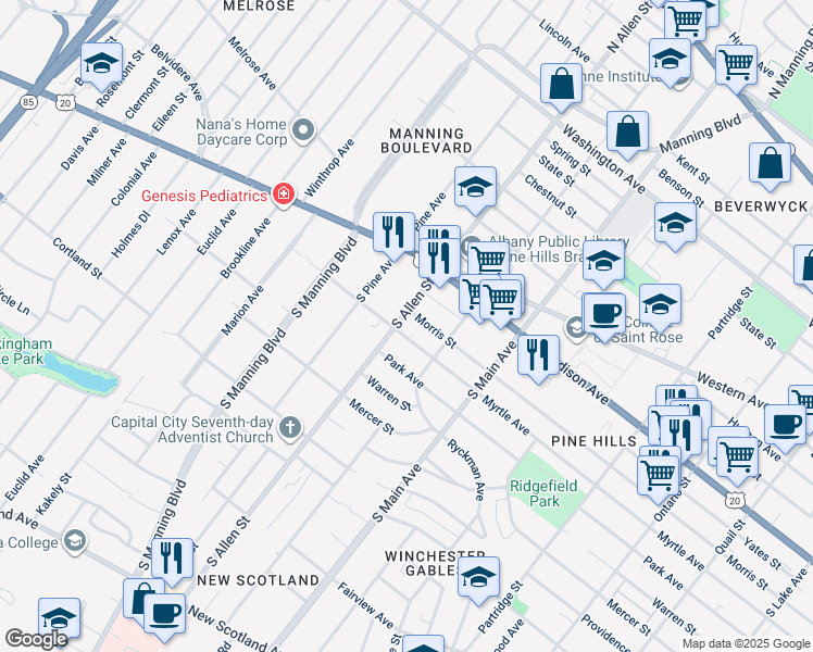 map of restaurants, bars, coffee shops, grocery stores, and more near in Albany